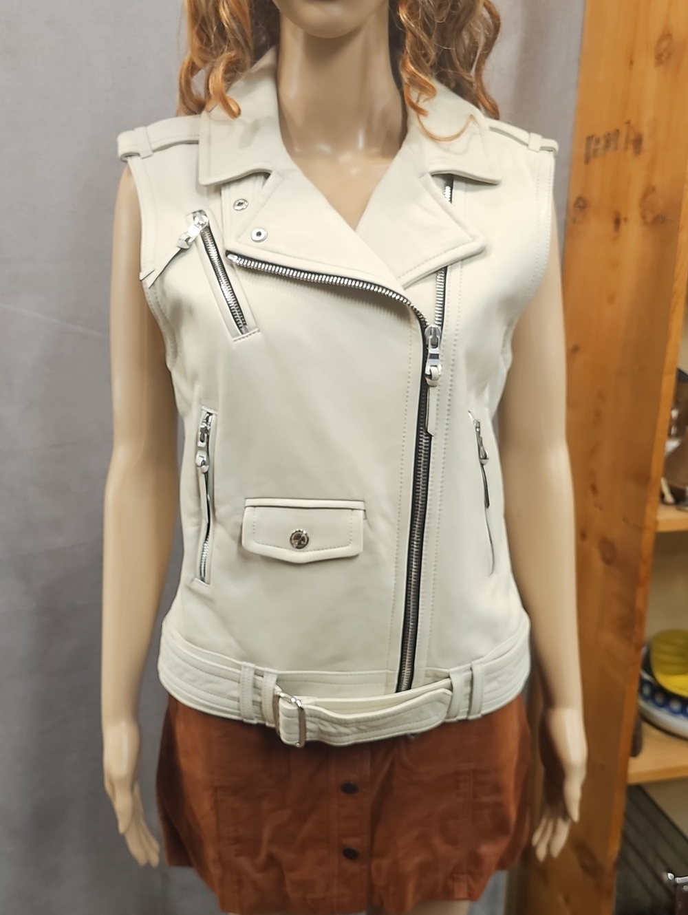 Coach Cream Leather Sleeveless Moto Vest with Belt